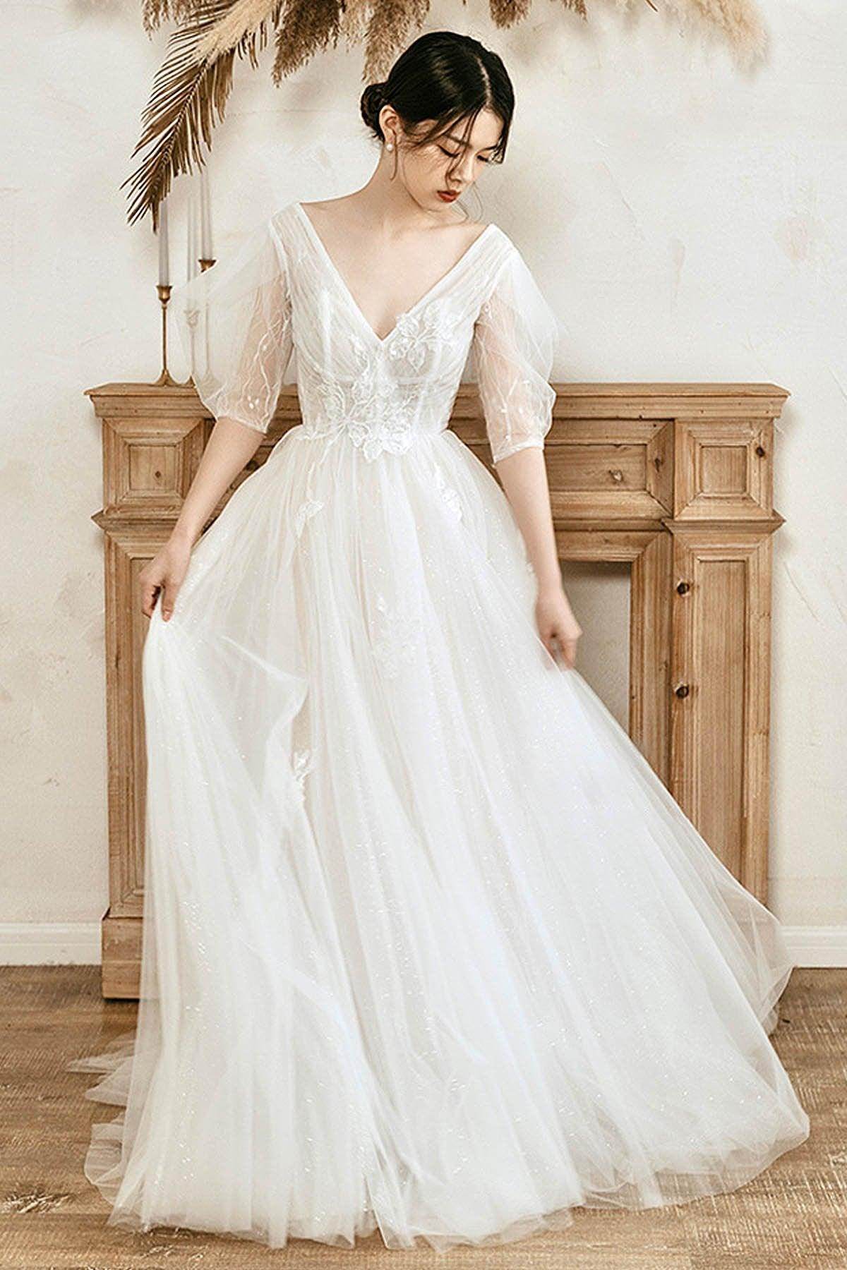 A-Line Sweep-Brush Train Lace Tulle Wedding Dress CW3061 - COCOMELODY